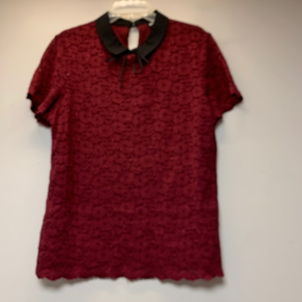 Karl Lagerfeld Paris Lace Top Womens Large Burgundy Excellent Peter Pan Collar